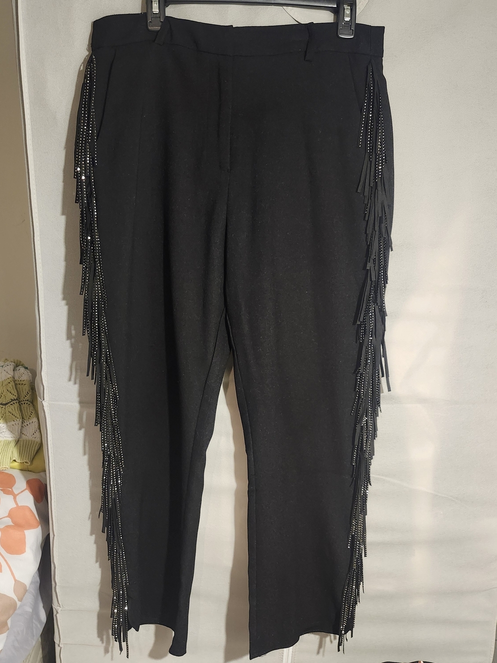 Women's Black Skinny Fringe-Trim Pants
